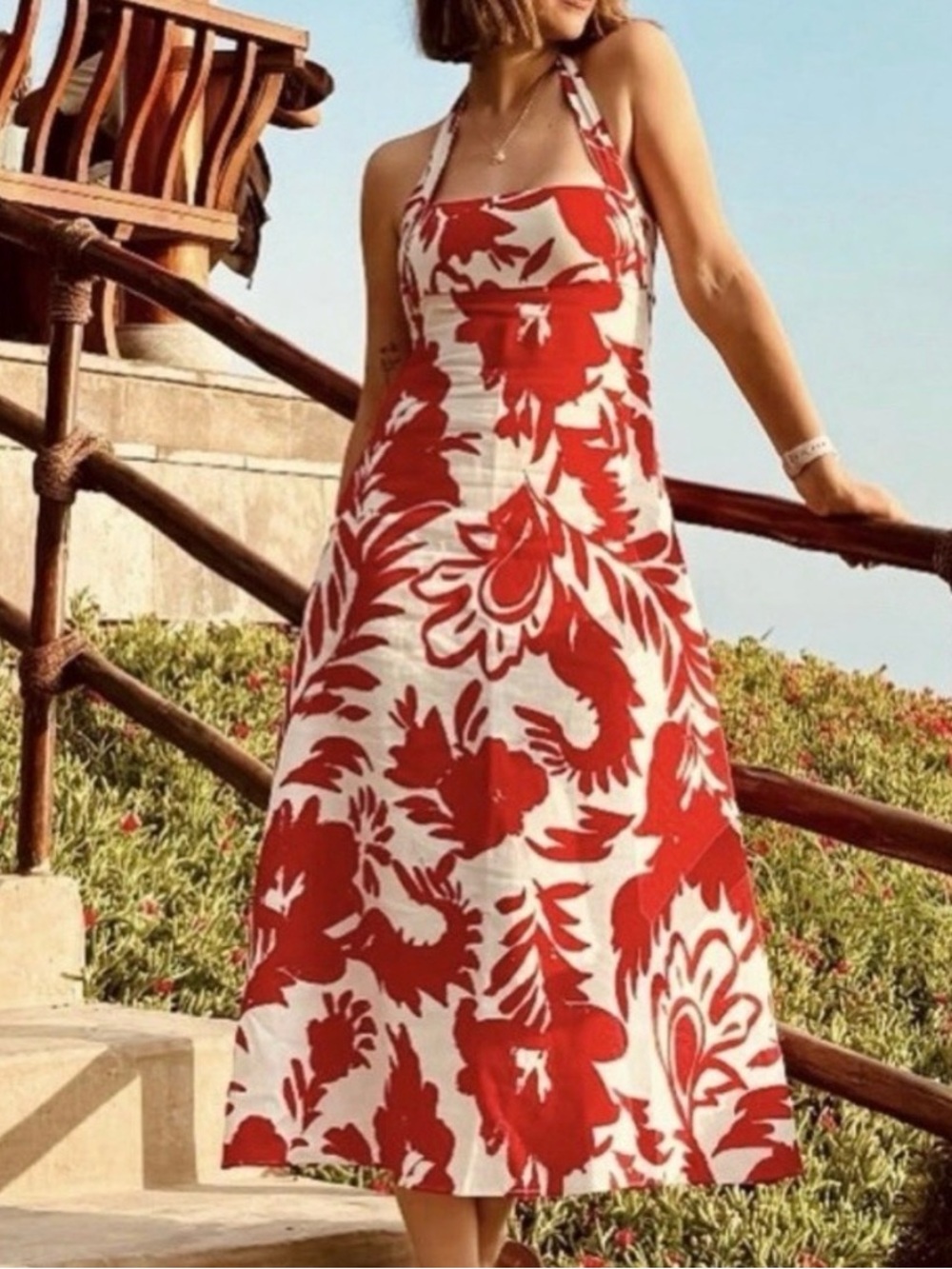 Zara Red and White Halter Floral Midi Dress - Picture 1 of 4